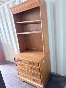 Solid Oak Secretary Hutch with Adjustable Shelves and 4 Drawers, Cord Holes, 72"x36"x18"