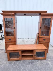 Mission Style Oak Entertainment Center, 3 Piece Set, Glass Display Cabinets, TV Stand, 80" Wide