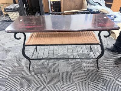 Console Table, Metal Frame, Wicker Shelf, Wood Top, 48"x18"x30" Black/Reddish-Brown Finish