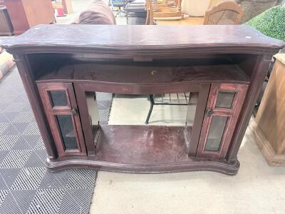 Wooden TV Stand Cabinet, 48"x18"x28", Curved Front, Glass Doors, Dark Cherry Finish
