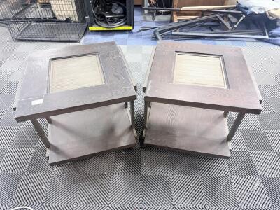 Pair of Contemporary Square End Tables with Glass Inset, Metal Frame, Lower Shelf, Espresso Finish