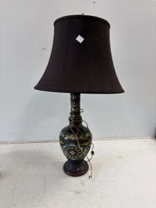 Decorative Cloisonn&eacute; Vase Table Lamp, Black Shade, 28" Tall, Rotary Switch, E26 Base. Powers On