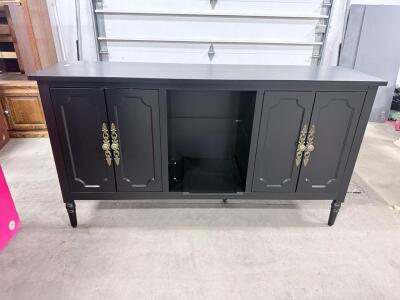 Matte Black Sideboard Buffet Cabinet, 4 Doors, Ornate Brass Handles, 70" Wide, Center Shelves