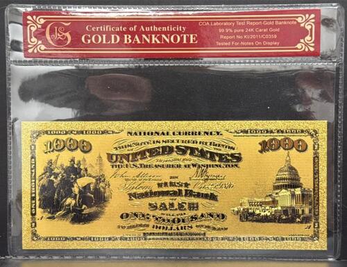24K Gold-Plated Replica $1000 U.S. National Currency Banknote, COA, First National Bank of Salem