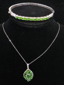 (1) 925 Emerald Leaf Shaped Pendant Necklace (1) Nine Stone Emerald Bangle Bracelet