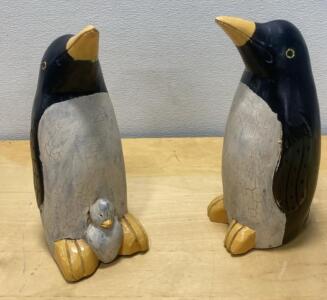 Hand-Carved Wooden Penguin Bookends, Pair, Vintage Crackle Finish, Penguin Chick Detail, 13" Tall
