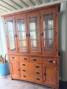 Mission Style Oak China Cabinet Hutch, Leaded Glass, Display Lighting, 6 Doors, 5 Drawers, 78"x60"x18"