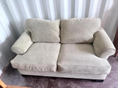 Light Taupe 2-Seater Loveseat with Rolled Arms, Removable Cushions, Dark Wood Legs, 70"W