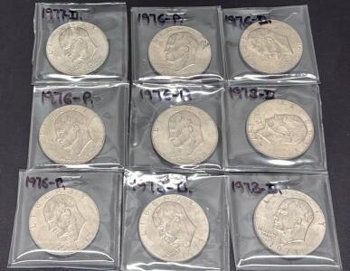 (9) Eisenhower Dollar Coins Lot, 1972-1978, Denver & Philadelphia Mints, Bicentennial Issues Included