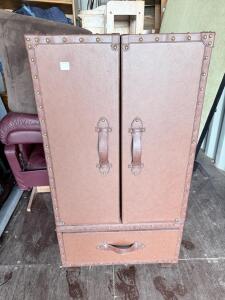 Vintage Steamer Trunk Media Cabinet, Brown Faux Leather, Shelves & Drawer, Holds 100+ DVDs, 48&rdquo; Tall