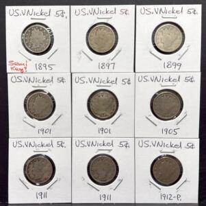 Lot of 9 Liberty Head V Nickels: 1895 Semi-Key, 1897, 1899, 1901 (x2), 1905, 1911 (x3), 1912-P