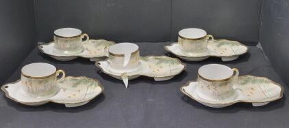 Nakusan China Japan Demitasse Snack Set, Bamboo & Birds, Gold Trim, 5 Cups 5 Plates, 1 Cup Damaged