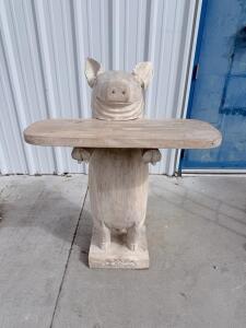 Hand-Carved Wooden Pig Table &ndash; Whimsical Animal Accent, Floral Base, 36" Tall, Unique Art Furniture