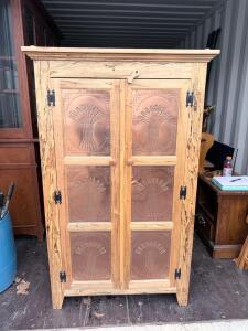 Pie Safe Cabinet, 2 Doors, 6 Punched Copper Panels, 3 Shelves, Natural Wood, Wheat Motif 60" H &times; 40" W &times; 16" D