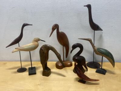 Lot of 7 Hand-Carved Wooden Bird Sculptures &ndash; Folk Art Herons, Shorebirds, Mixed Finishes, 26" Tall
