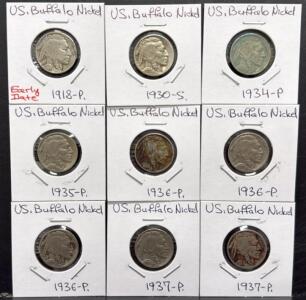 1918-P, 1930-S, 1934-P, 1935-P, 1936-P, 1937-P Buffalo Nickels Lot &ndash; 9 Coins, Circulated, US Mint