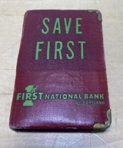 First National Bank of Portland Vintage Metal "Save First" Coin Bank, Red Leatherette, 1940s-50s