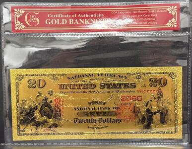 24K Gold-Plated $20 U.S. National Currency Replica, First National Bank of Butte, Serial WR999999, COA