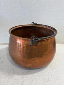 Antique Hand-Hammered Copper Cauldron 15" w/Iron Handle, 4.5 gal, 19th Century Hearth Pot