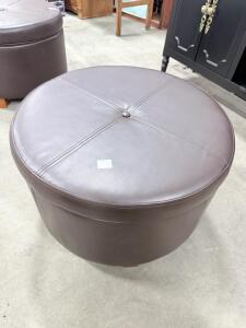 Brown Faux Leather Round Storage Ottoman with Wood Legs, 24"x16", Interior Storage Compartment