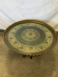 Moroccan Hand-Engraved Brass Tray Table, 32" Diameter, Scalloped Edge, Folding Wood Base