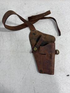Vintage Leather Military Shoulder Holster, Fits Large Frame Pistol, Adjustable Strap, Brass Hardware
