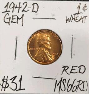 1942-D MS66RD Red Gem Wheat Copper Cent