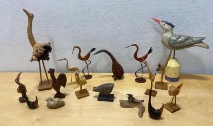 Lot of 14 Hand-Carved Wooden Bird Sculptures &ndash; Folk Art Figurines, Mixed Woods, Assorted Styles