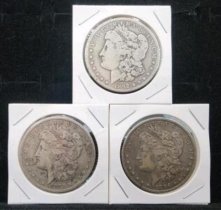 (3) Morgan Silver Dollar Coins, 1896, 1885, 1892, U.S. Mint, George T. Morgan Design