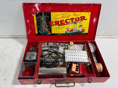 Vintage A.C. Gilbert Erector Set, Red Metal Case, Electric Motor, Square Girder, 1938 Manual