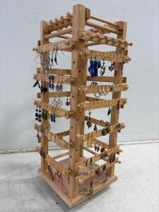 Large 4-Sided Rotating Wooden Earring Display Rack with ~60+ Pairs of Assorted Fashion Earrings