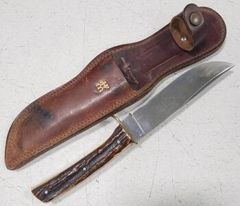 (1) Vintage J.A. Henckels Solingen Germany Hunting Stag Horn Knife With Sheath