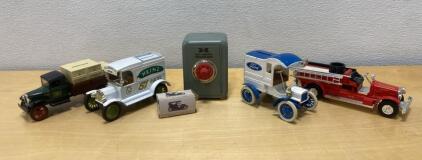 Vintage Diecast Coin Bank Collection: Heinz, Ford, Fire Truck, Safe, Oakland with Box, 1970s-90s