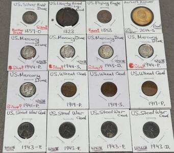 Rare US Coin Collection &ndash; 1857-O Seated Liberty Half Dime, Mercury Dimes, Steel Cents, Proof Dollar