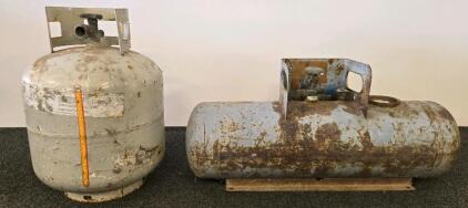 100 lb Propane Cylinders &ndash; Vertical & Horizontal Steel, Valve Collars, Rusted, Approx. 24 Gallon