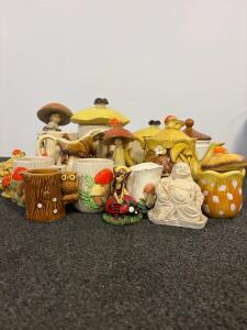 Large Vintage Mushroom Kitchenware & Figurine Set, 16+ pcs, Teapots, Canisters, Owl Mug, Fairy