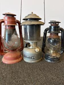 Coleman Unleaded 2 Pressure Lantern & 2 Vintage Hurricane Kerosene Lanterns &ndash; 1980s-1990s