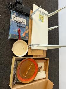 Mixed Lot: Garvee Area Rug, Craftsman 12V Charger, Art, Red Cast Iron Skillet, Shelves, Platter