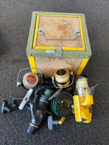 Vintage Mixed Fishing Reel Lot (Spinning & Fly) with Wooden Tackle Box, Daiwa, Chase AX-4000, Odyssey