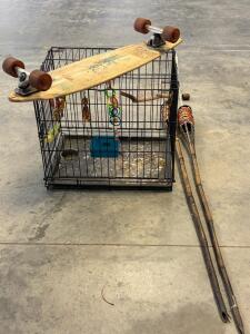 Longboard Skateboard, 40&rdquo; Deck, Wire Pet Cage 24"x18"x20" w/ Toys, Pair Bamboo Tiki Torches 48&rdquo;