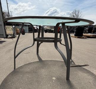 48" Round Glass Outdoor Patio Table with Gray Metal Frame & Umbrella Hole, Seats 4-6