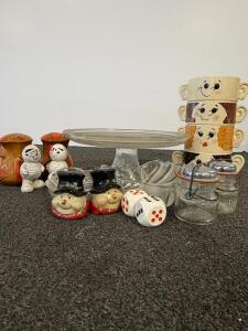 Mixed Lot Vintage Whimsical Face Stacking Mugs, Glass Cake Stand, Novelty Salt & Pepper Shakers