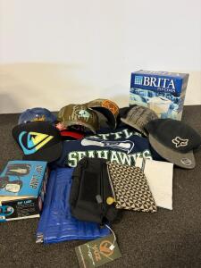 Assorted Lot: 7 Branded Hats, Seahawks Hoodie, Cap Lamp No. 399, Brita Pitcher, 4 Pouches