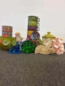 Mixed Decorative Lot&mdash;Stacking Mugs, Owl Planter, Vintage Teapot, Paperweights, Figurines