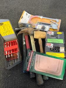 Mixed Lot of Hand Tools: C-Clamps, Hammers, Pliers, Fasteners, Drill Bits, Spreader, Tire Inflator