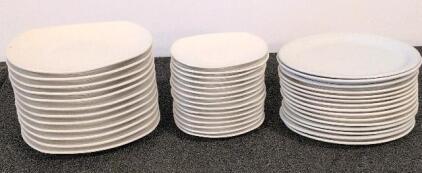 Set of 42 Commercial White Porcelain Dinner Plates, Oval and Square, 12", 10", 8" - Restaurant Grade