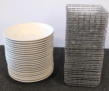 23 White Porcelain Soup Bowls & 37 Stainless Steel Wire Baskets, Stackable, 9" Diameter