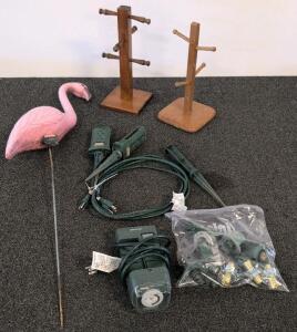 Outdoor Power Stake Timers, Pink Flamingo Yard Decor, Wooden Display Stands Lot, 9 ft Cords, 6 Outlets