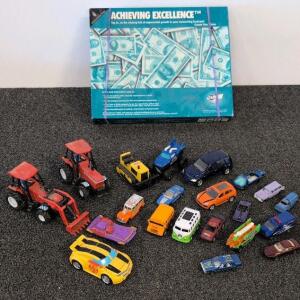 Lot of 20 Assorted Die-Cast and Plastic Toy Vehicles with Achieving Excellence Board Game