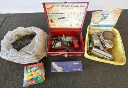 Milwaukee Heavy-Duty Electric Hammer Drill w/ Case, Screws, DA Nails, Misc Hardware Lot